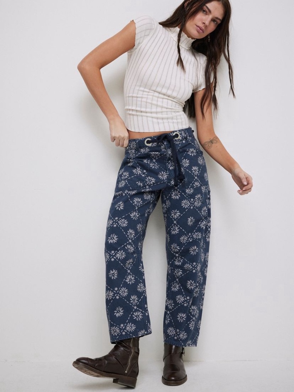 Free People We The Free Moxie Printed Low-Slung Barrel Jeans